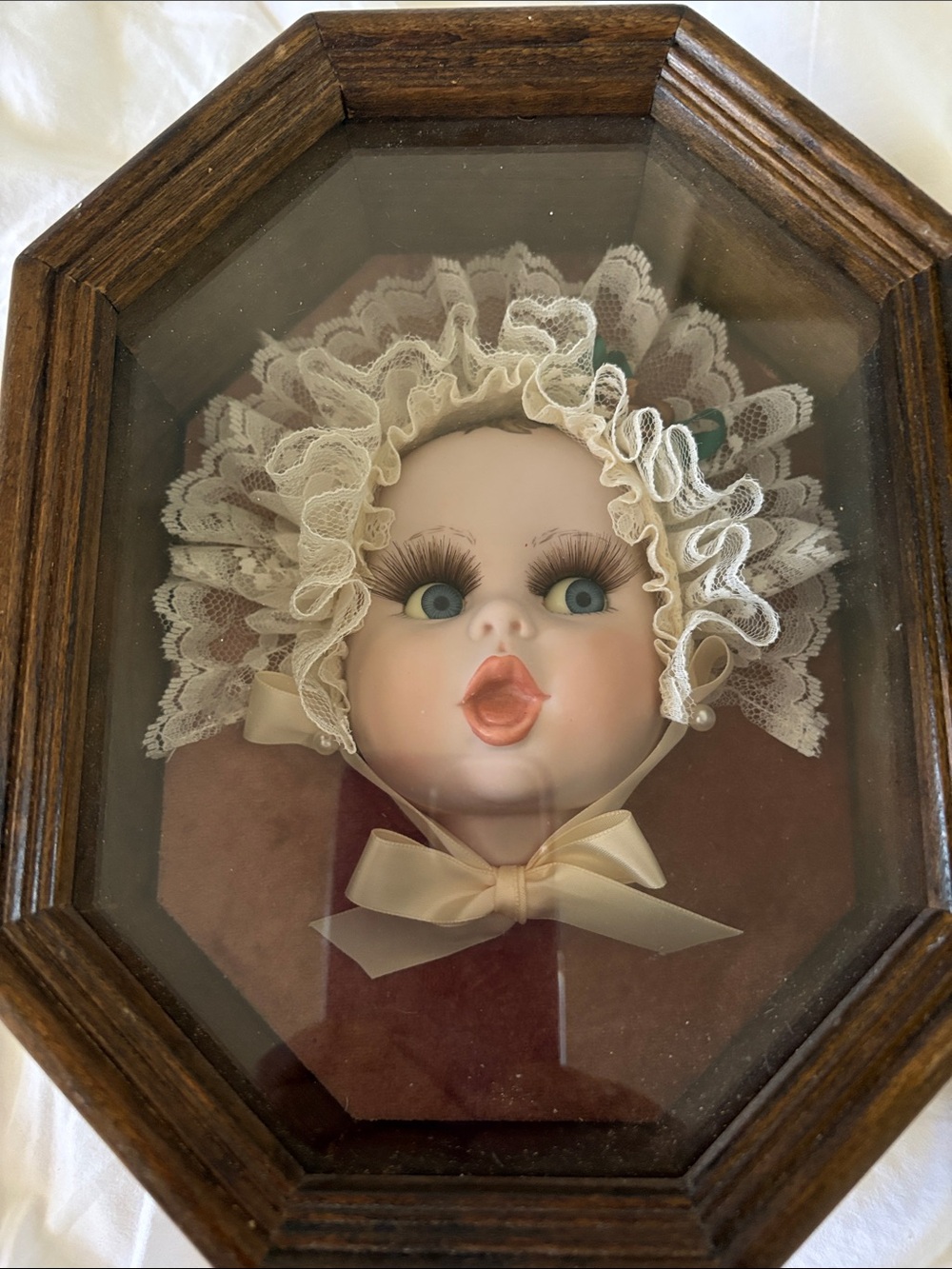 Vintage Decorative Baby Doll Wall Plaque in Cream with Lace Bonnet